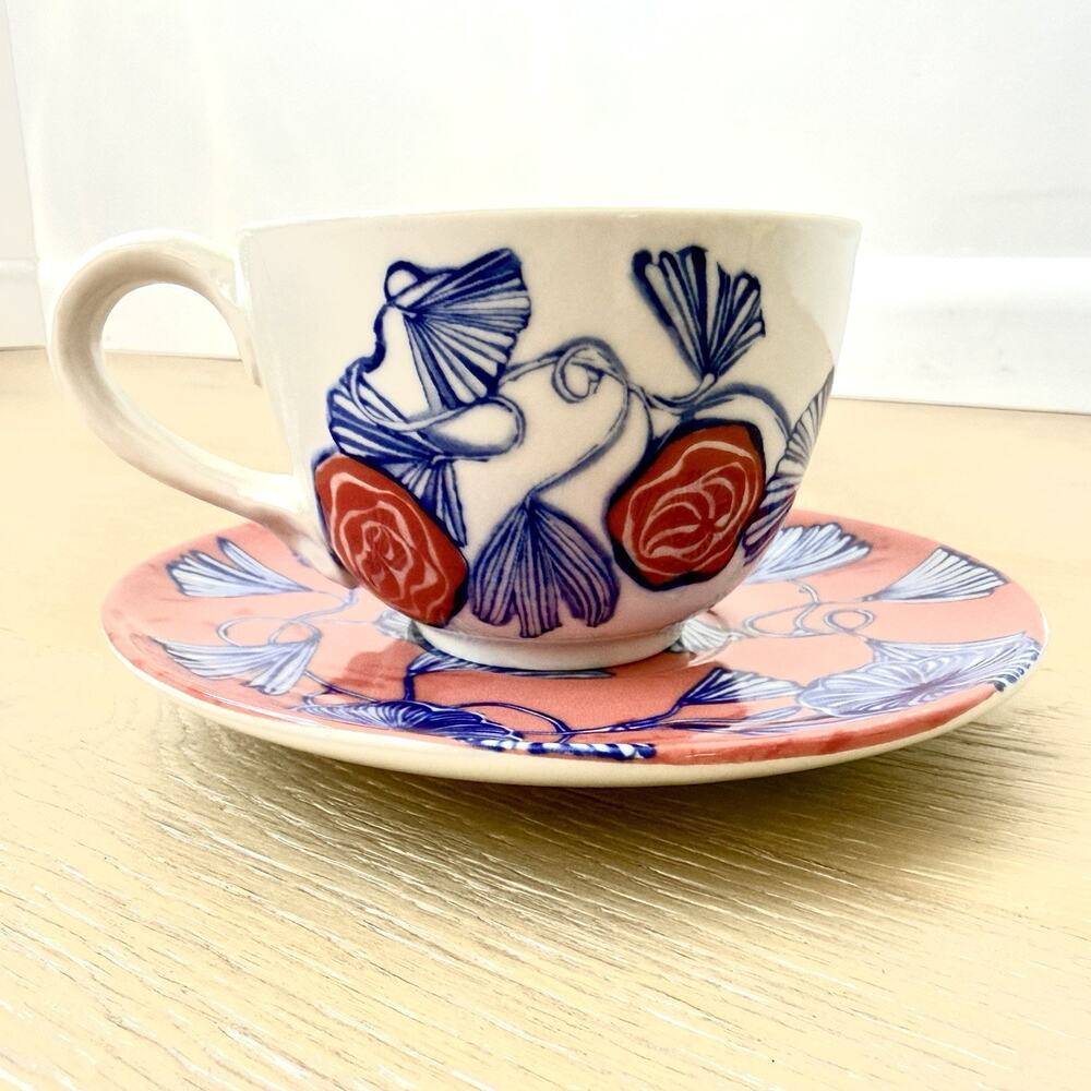 RARE Anthropologie Ruan Hoffmann Jardin Des Plantes LOVE MORE Cup Saucer Set - Picture 4 of 9